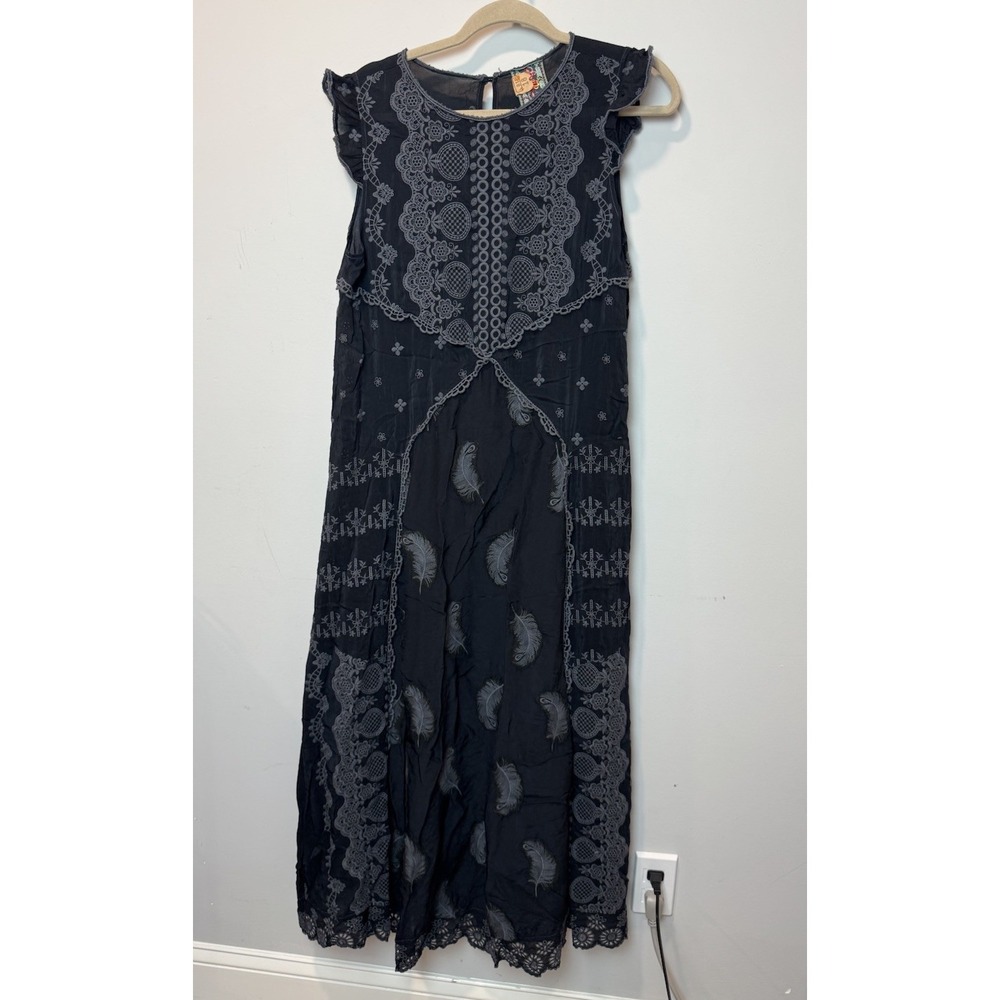 Johnny Was Black Gray Embroidered Maxi Dress Sm Feather Whimsical Boho Feminine